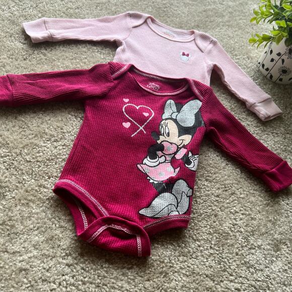 Disney Baby Pink Minnie Mouse Waffle Knit Long Sleeve One Piece Set of 2 - Picture 5 of 14